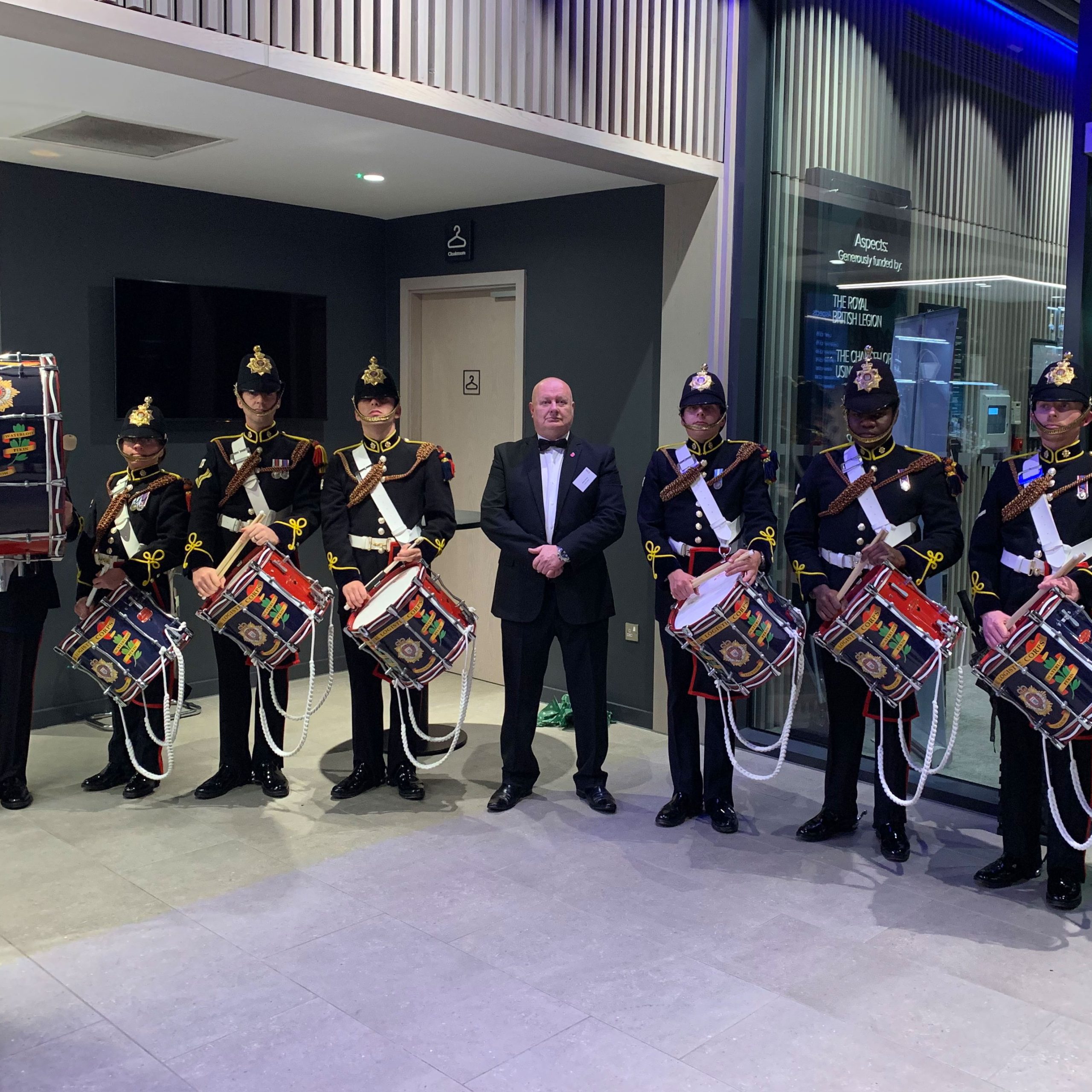 derek vinning with the royal logistics corps of drums