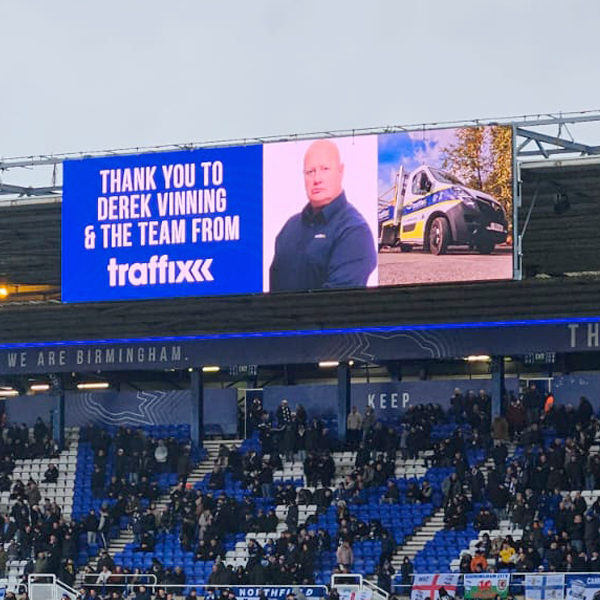 a banner displayed at birmingham city fc thanking traffix for their work