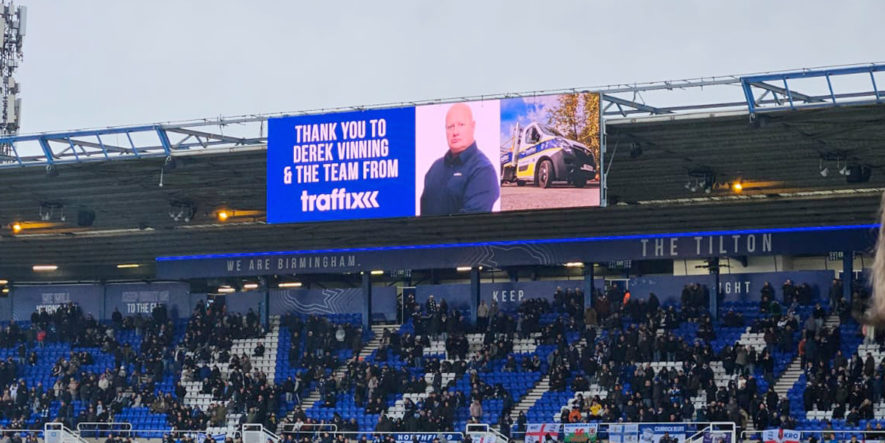 a banner displayed at birmingham city fc thanking traffix for their work